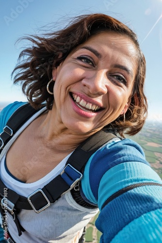 An exciting skydiving selfie of an elderly person old but fun having crazy fun laughing and enjoying life high in sky