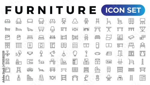 Furniture and home interior elements - thin line web icon set. Outline icons of kitchen, living room, bedroom and office collection photo