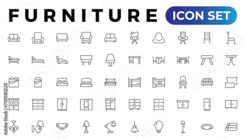 Furniture and home interior elements - thin line web icon set. Outline icons of kitchen, living room, bedroom and office collection