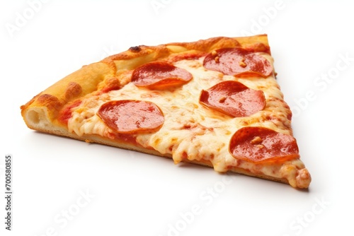 A slice of pepperoni Pizza on a white background