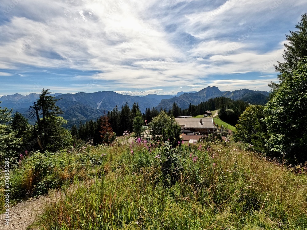 Bavarian hiking panorama with house and mountains