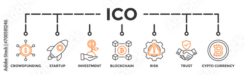 ICO banner web icon vector illustration concept of initial coin offering with icon of crowdfunding, startup, investment, blockchain, risk, trust and cypto currency