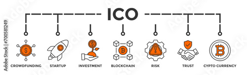 ICO banner web icon vector illustration concept of initial coin offering with icon of crowdfunding, startup, investment, blockchain, risk, trust and cypto currency