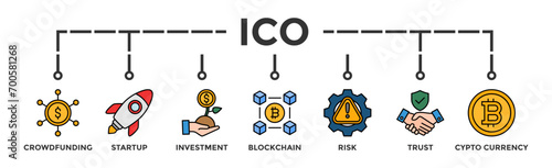 ICO banner web icon vector illustration concept of initial coin offering with icon of crowdfunding, startup, investment, blockchain, risk, trust and cypto currency