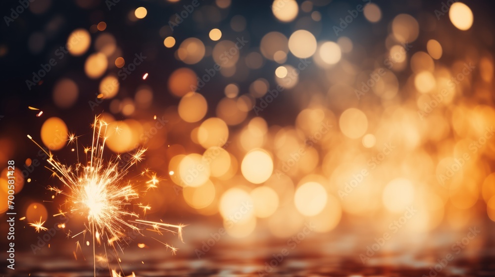 A single sparkler burns brightly against a bokeh light background, perfect for festive celebration themes and holiday marketing.
