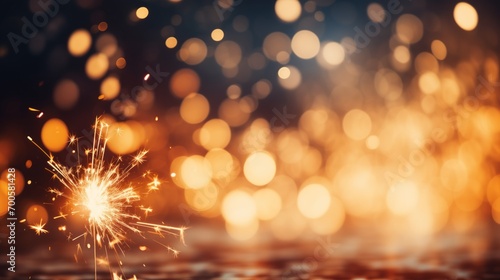 A single sparkler burns brightly against a bokeh light background, perfect for festive celebration themes and holiday marketing.