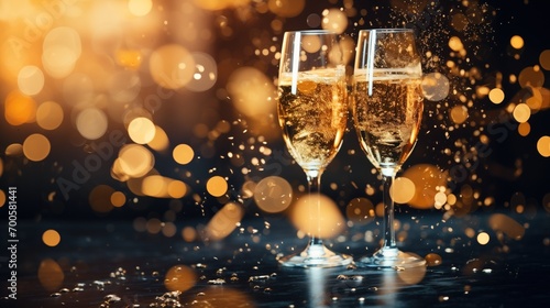 Champagne glasses with golden bubbles, suitable for luxury celebrations, festive promotions, and elegant event toast visuals.