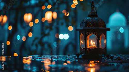 Muslim lantern with Quran and tasbih on table at night © Alina Zavhorodnii