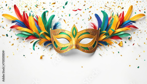 Beautiful carnival mask with colorful feathers and confetti on white with copy space