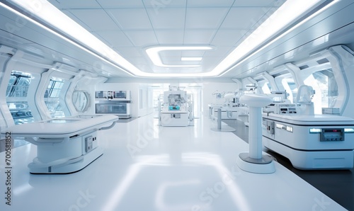 A vast, sterile, and impeccably clean room in the futuristic lab