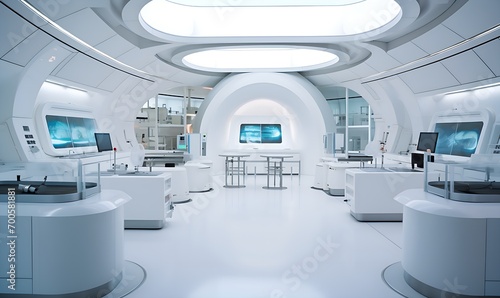 A vast, sterile, and impeccably clean room in the futuristic lab