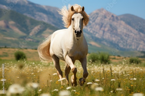 Highlight the movement of a galloping horse running freely across an open field