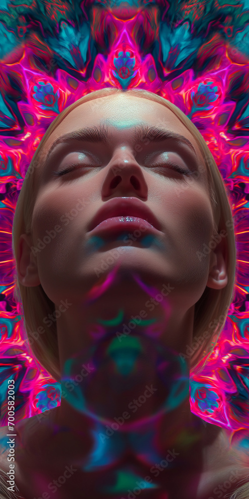 Fototapeta premium Gesicht mit bunten Farben unter Drogen haluziniert, ai generativ