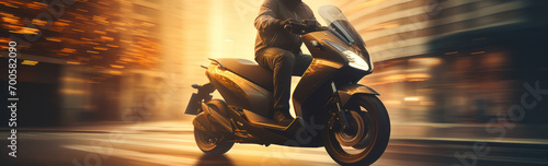 A motorcyclist in black rides a scooter through the evening city, golden tone, generative AI