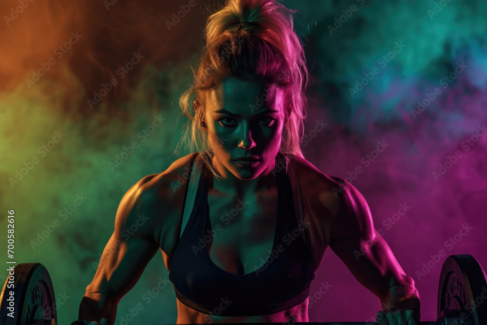 Athletic girl working out with barbell gym with neon lights and smoke