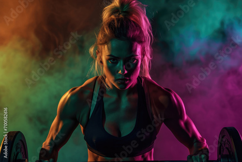 Athletic girl working out with barbell gym with neon lights and smoke