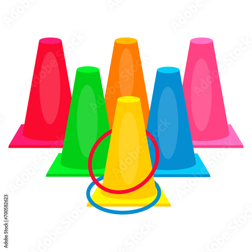 Plastic colorful sports cones with hoops for activity game. Throw rings game. Fun active game cartoon vector illustration isolated on white background. Activity floor game.