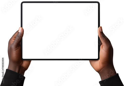 Black man holds digital tablet in hands. Isolated