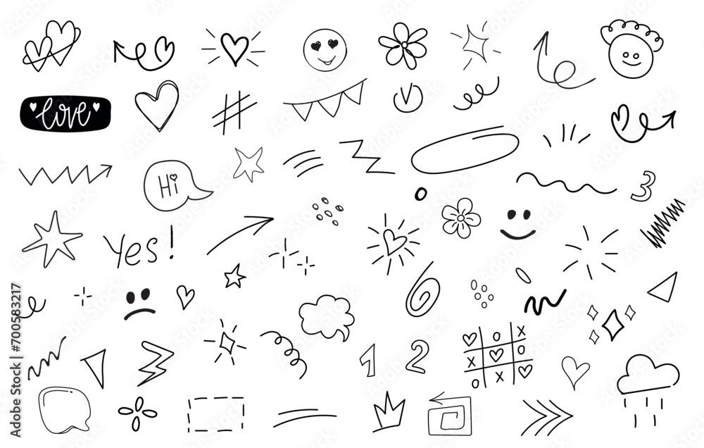 Big set of cartoon doodle hand drawn elements. Line art. Crowns, hearts, stars, flowers, sparkles, arrows, lightnings, smiley, signs and other funny design elements іsolated on white background. - obrazy, fototapety, plakaty 