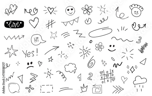 Big set of cartoon doodle hand drawn elements. Line art. Crowns, hearts, stars, flowers, sparkles, arrows, lightnings, smiley, signs and other funny design elements іsolated on white background.