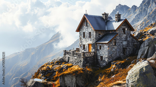 A charming stone cabin perched on a mountain slope surrounded by the stunning beauty of alpine scenery and golden autumn foliage.