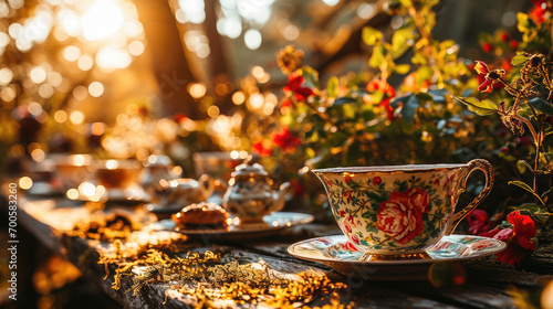 Warm sunlight bathes a vintage floral teacup in a tranquil garden setting, inviting a moment of peaceful relaxation. photo
