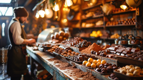 Artisanal chocolate shop with shopkeeper and a wide variety of handmade chocolates on display.