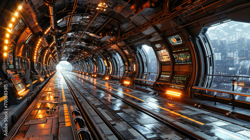 Futuristic science fiction corridor inside a spaceship or space station, with advanced technology and illuminated control panels. photo