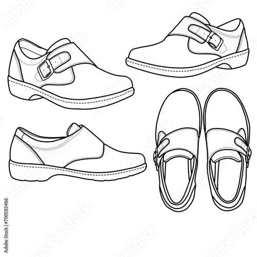 Women's loafer shoes. Flat sketch loafer shoes, front, side, and top view. Isolated on a white background