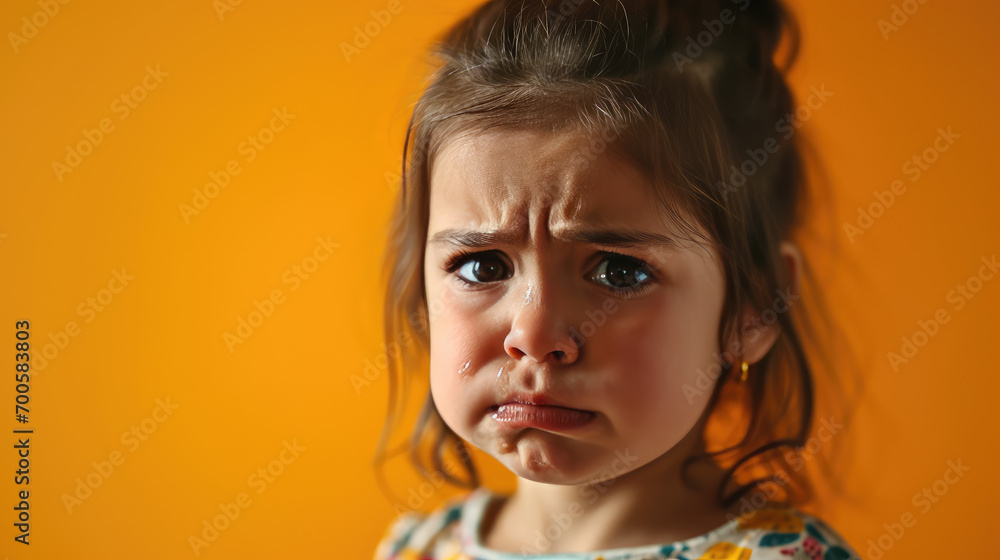 Portrait of sad offended crying little girl child on flat yellow color background with copy space, banner template. A sad child makes a grimace.