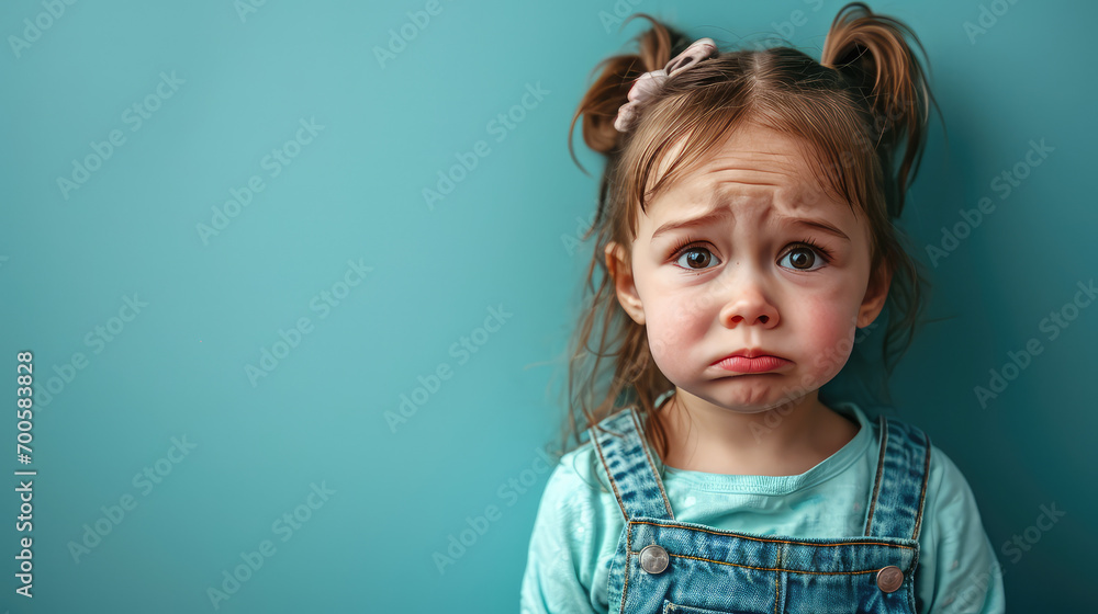 Portrait of sad offended crying little girl child on flat blue color background with copy space, banner template. A sad child makes a grimace. - obrazy, fototapety, plakaty 