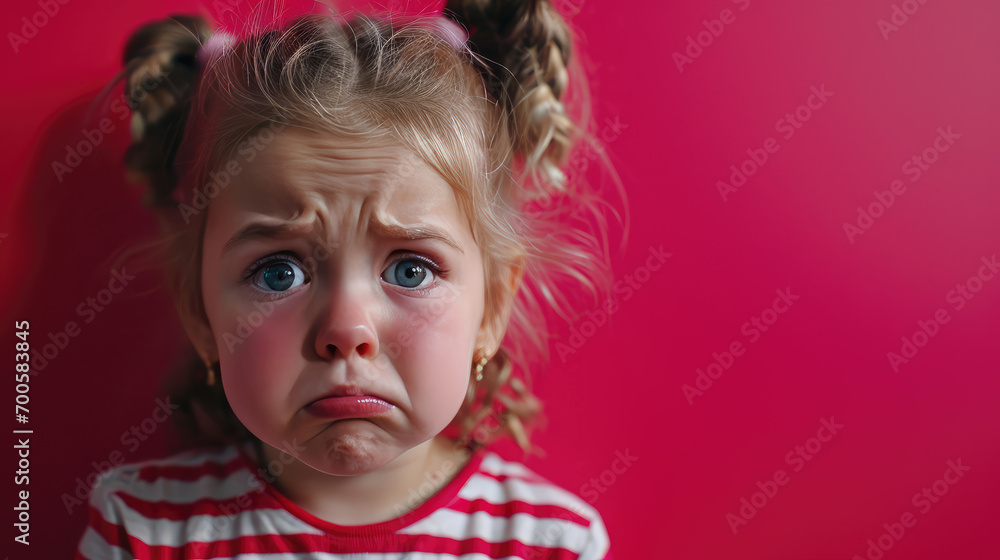 Portrait of sad offended crying little girl child on flat red color background with copy space, banner template. A sad child makes a grimace. Portrait of sad offended crying little girl child on flat red color background with copy space, banner template. A sad child makes a grimace.