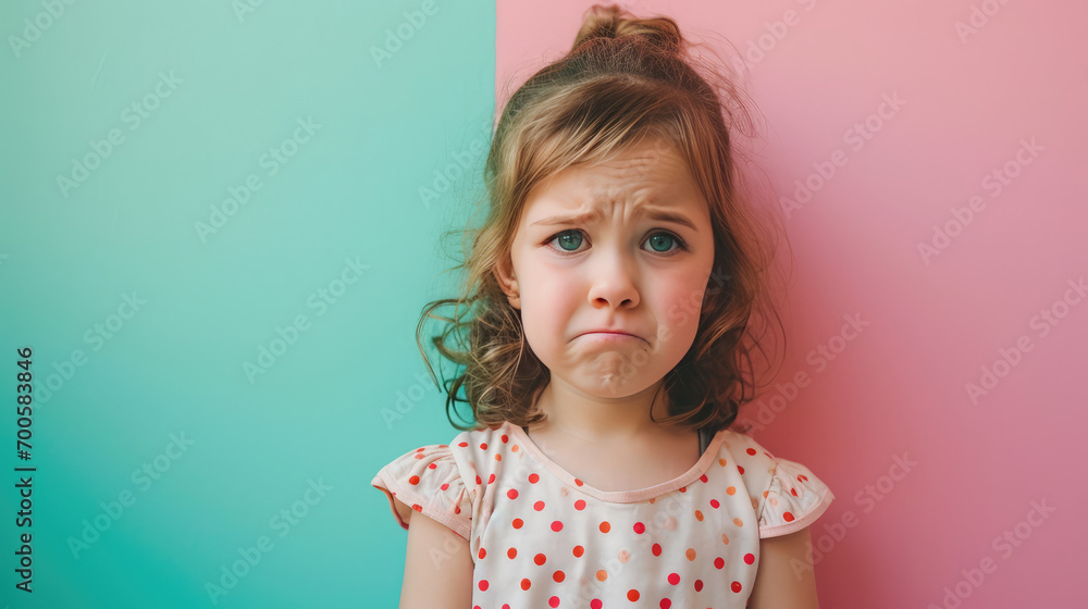 Portrait of sad offended crying little girl child on flat pink blue color background with copy space, banner template. A sad child makes a grimace. - obrazy, fototapety, plakaty 