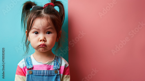 Portrait of sad asian offended crying little girl child on flat pink blue color background with copy space, banner template. A sad child makes a grimace.