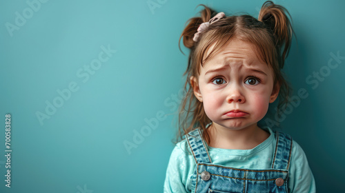 Portrait of sad offended crying little girl child on flat blue color background with copy space, banner template. A sad child makes a grimace. photo
