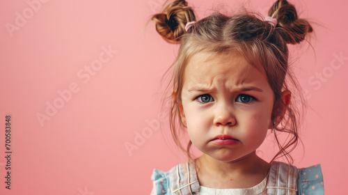 Portrait of sad European offended crying little girl child on flat color background with copy space, banner template. A sad child makes a grimace. photo