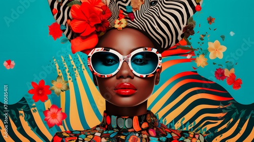 Portrait graphique avec collages d'un femme noire portant de grosses lunettes de soleil et un turban