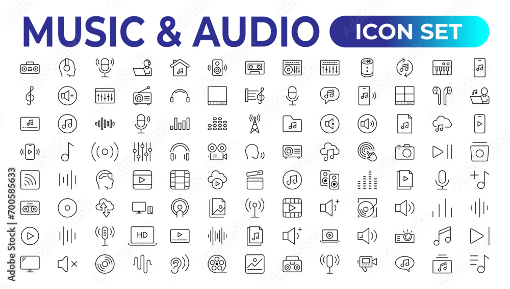 music and audio universal thin line icons set on white, minimalistic, flat Set of thin line web icon set, simple outline icons collection, Pixel Perfect icons, Simple vector illustration.