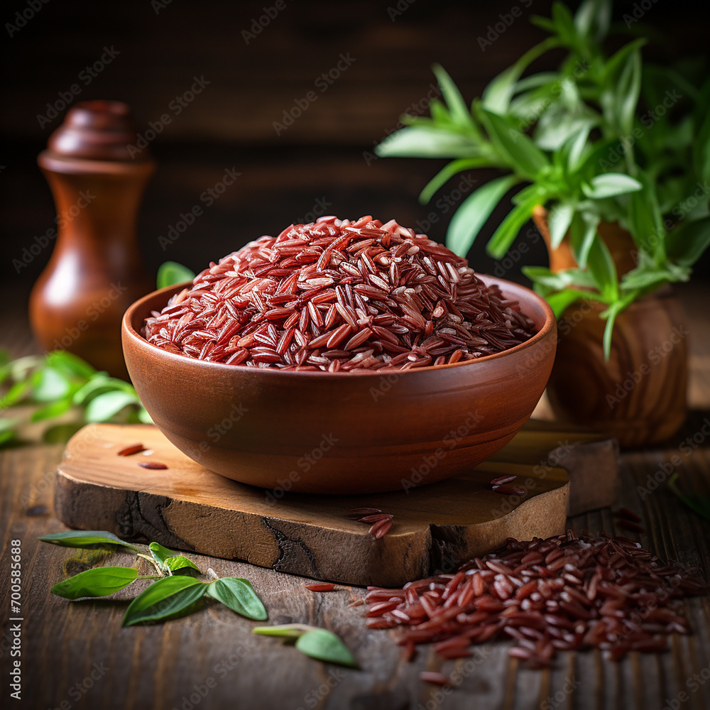 Rustic Elegance: Red Rice in Wooden Bowl on Table Rustic Elegance: Red Rice in Wooden Bowl on Table