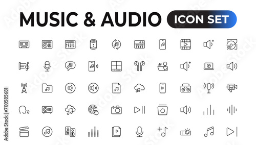 music and audio universal thin line icons set on white, minimalistic, flat Set of thin line web icon set, simple outline icons collection, Pixel Perfect icons, Simple vector illustration.