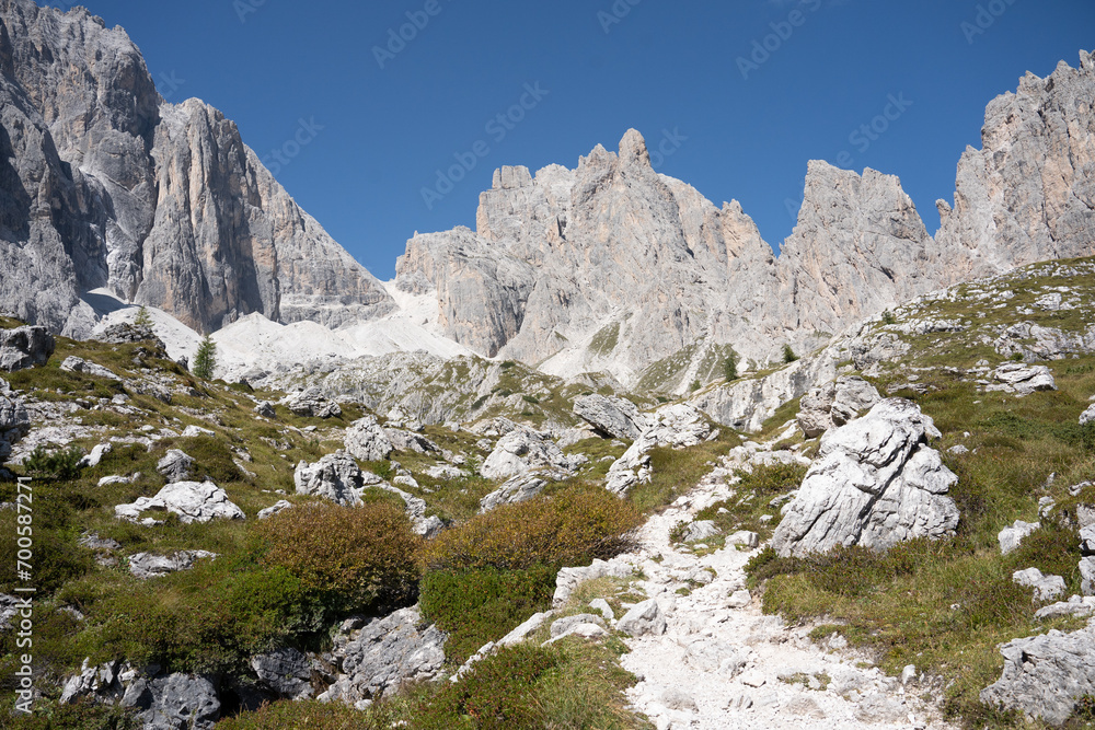 View of Dolomites mountains on the way from Bertihütte to Laghetto Popera. Padola, Italy, Europe. 