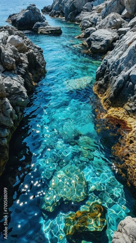 A small hidden cove next to the blue Mediterranean .