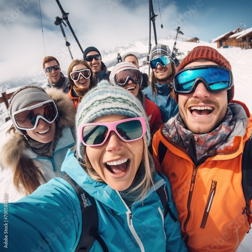 A group of young and senior people taking photo with smart phono, selfie on the snow track before snowboarding photo