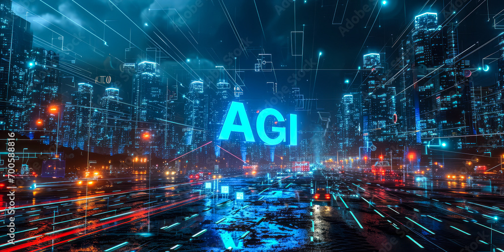 Illuminated AGI Concept in Neon Blue Over a Rain-Soaked Cityscape, Depicting Advanced Artificial General Intelligence Dominating the Urban Night Skyline - obrazy, fototapety, plakaty 
