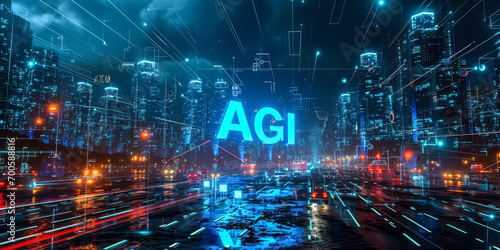 Illuminated AGI Concept in Neon Blue Over a Rain-Soaked Cityscape, Depicting Advanced Artificial General Intelligence Dominating the Urban Night Skyline