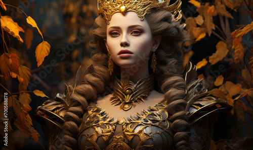 Fantasy Autumn Queen with Majestic Golden Armor and Ornate Leaves, Exuding Elegance and Power