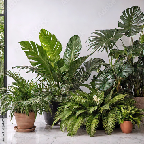 Green leaves of tropical plants  bushes  indoor flower arrangement  home garden  white background 