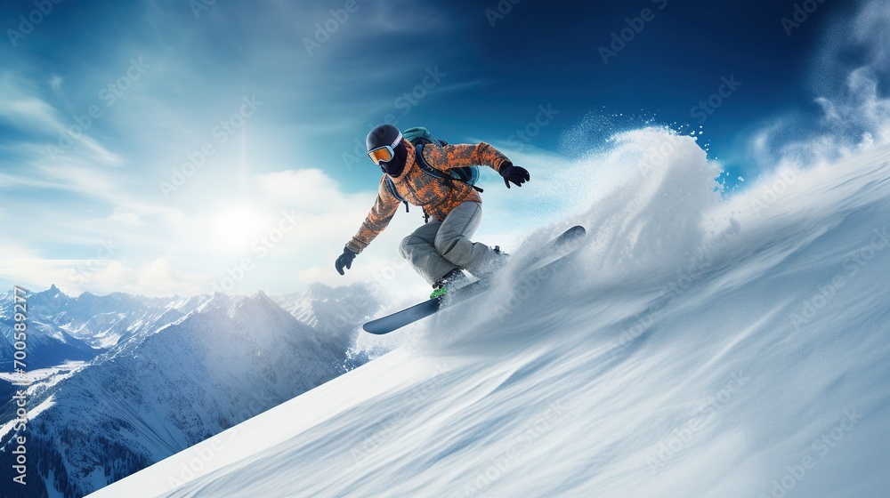 Professional skier and Snowboarder jumping through air with blue sky in back on the white snow. Beautiful landscape and sports