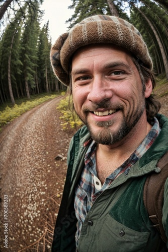 Selfie photo of a guy having fun in nature walk in beautiful scenery taking in fresh air and loving life to fullest and learning