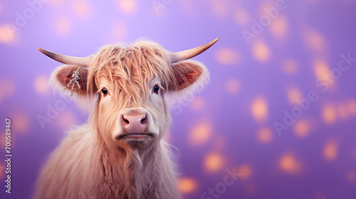 Vaca peluda isolado em um fundo roxo, lilás e lavanda com luzes desfocadas - Fundo de tela 